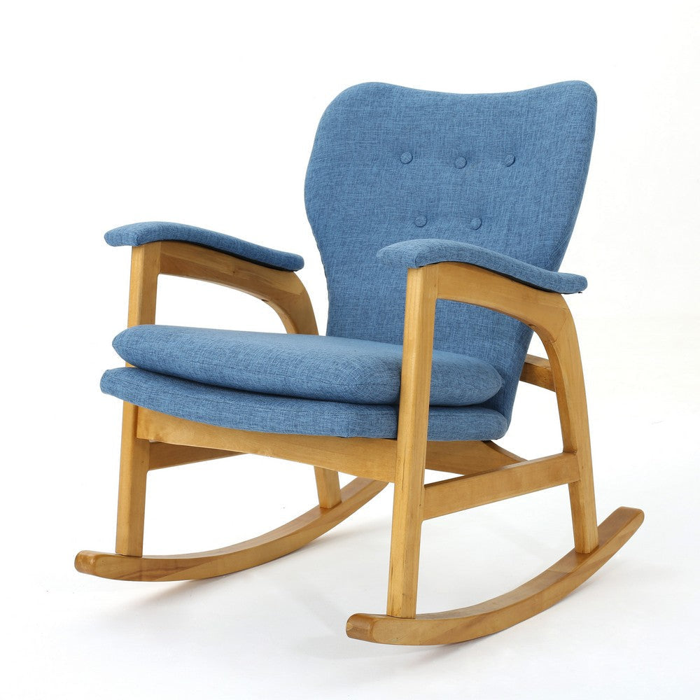 Erika Rocking Chair, Mid-Century, Rubberwood, Button Tufted Cool Blue By Casagear Home