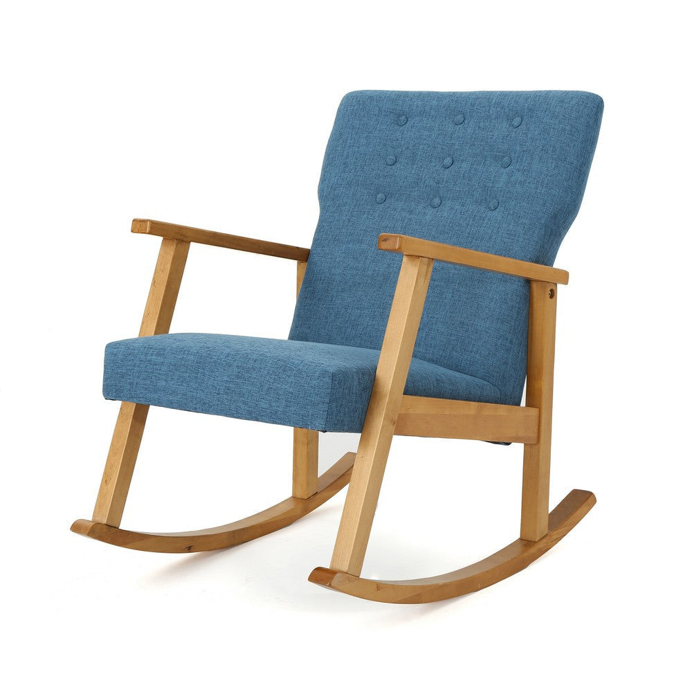 Maze Rocking Chair, Mid-Century Brown Rubberwood, Tufted Blue Fabric By Casagear Home