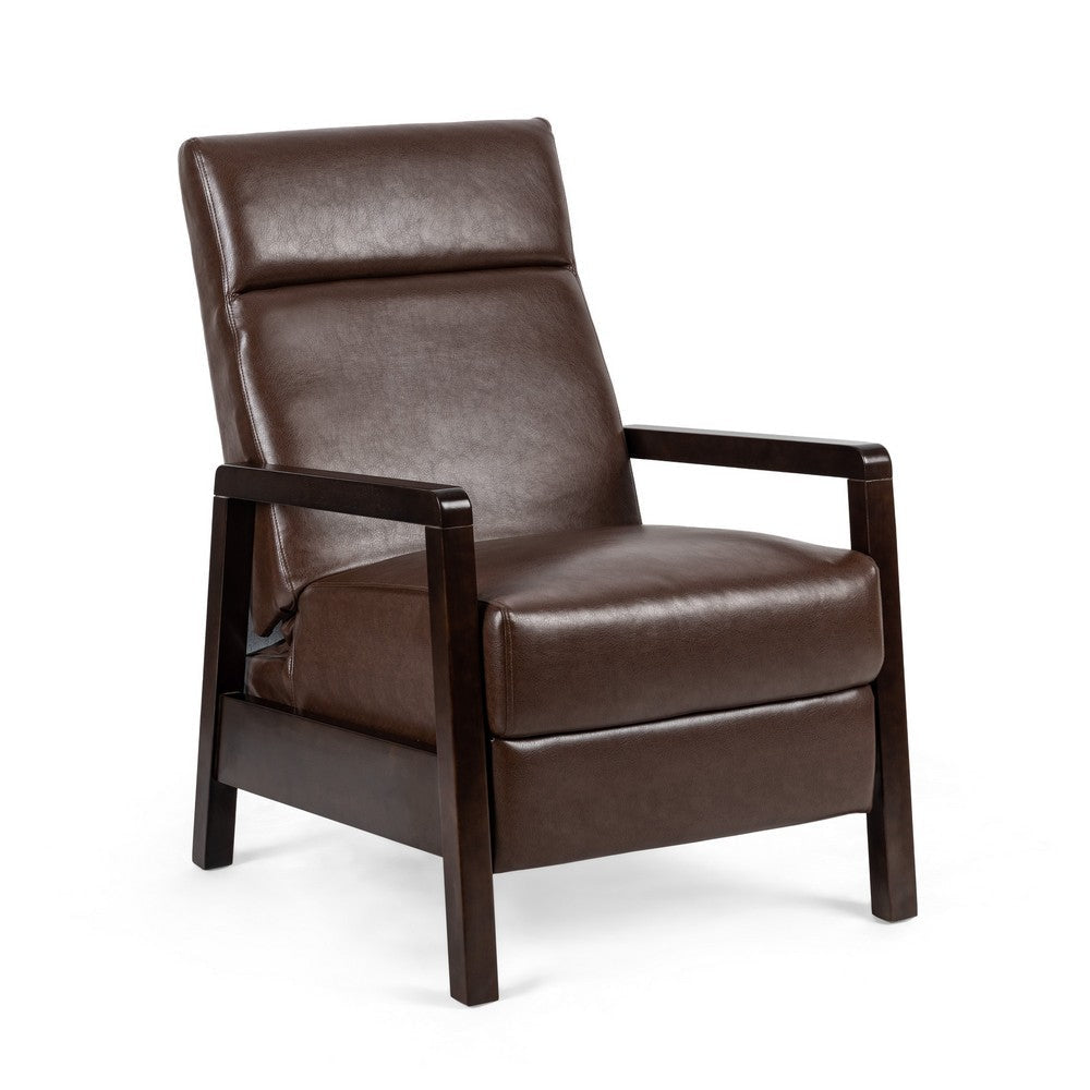 Ennie Pushback Recliner, Compact Rubberwood Frame, Dark Brown Faux Leather By Casagear Home