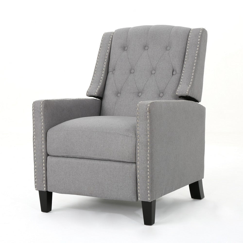 Pushback Recliner Chair, Tufted Back, Birch Wood, Gray Fabric By Casagear Home