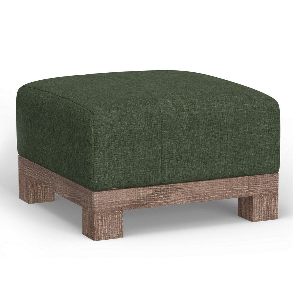 Sama Ottoman, Compact, Solid Pine Wood, 28 Inch, Olive Green Polyester By Casagear Home