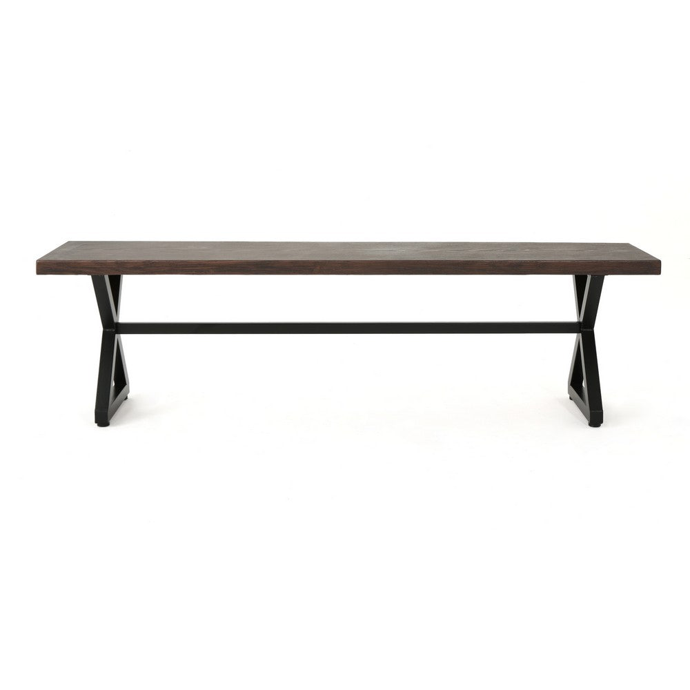 Romita Outdoor Dining Bench, Brown Metal, Black Steel, 63"