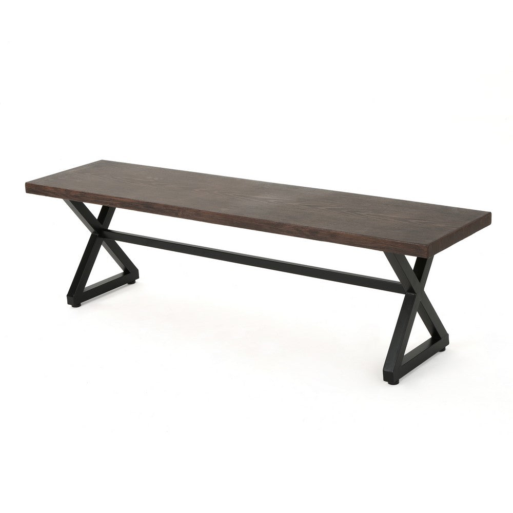 Romita Outdoor Dining Bench, Brown Metal, Black Steel, 63"