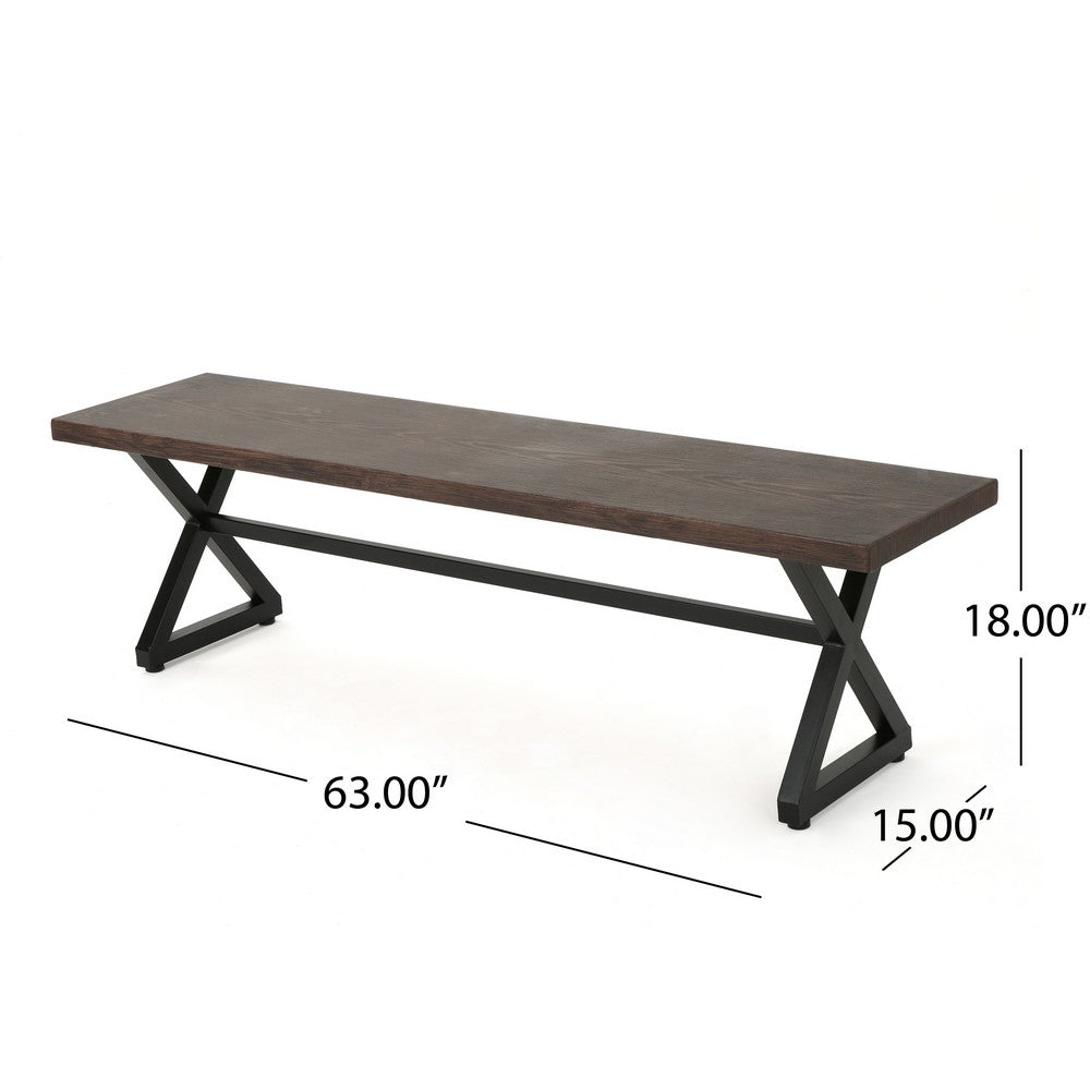 Romita Outdoor Dining Bench, Brown Metal, Black Steel, 63"