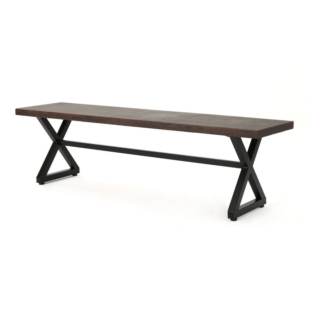 Romita Outdoor Dining Bench, Brown Metal, Black Steel, 63"