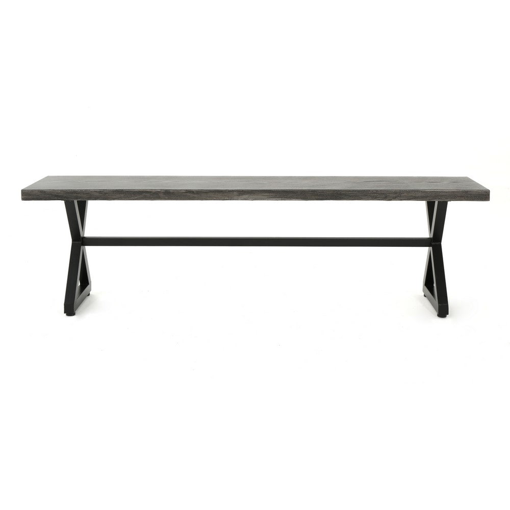 Romita Outdoor Dining Bench, Gray Metal, Black Steel, 63"