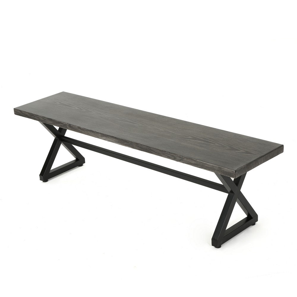 Romita Outdoor Dining Bench, Gray Metal, Black Steel, 63"