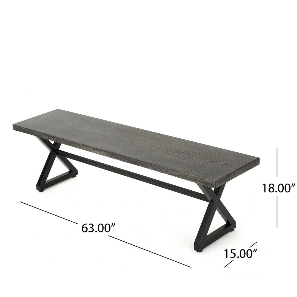 Romita Outdoor Dining Bench, Gray Metal, Black Steel, 63"