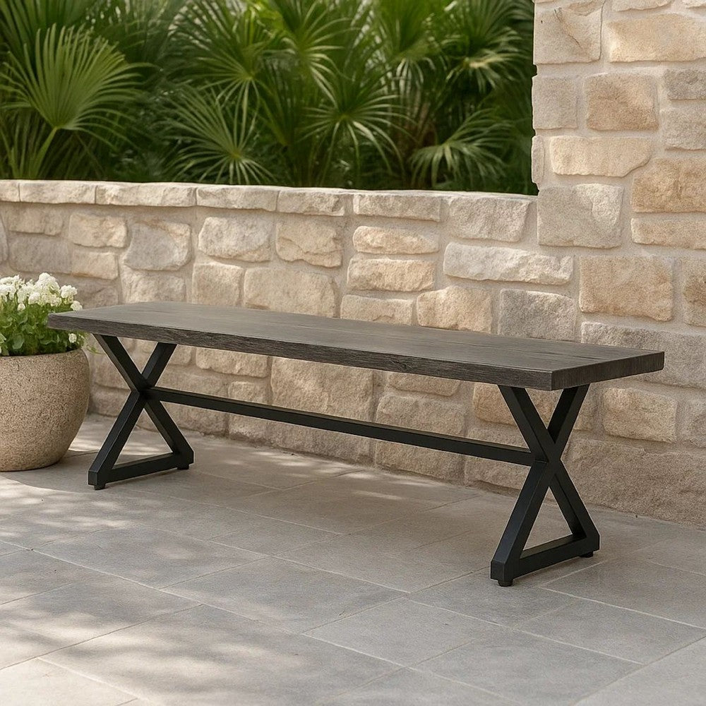Romita Outdoor Dining Bench, Gray Metal, Black Steel, 63"