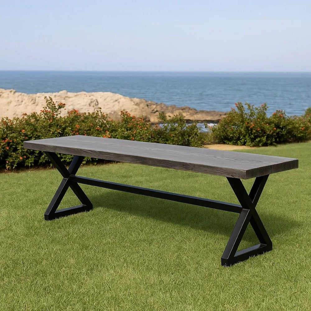 Romita Outdoor Dining Bench, X Shape Legs, Gray Metal, Black Steel, 63 Inch
