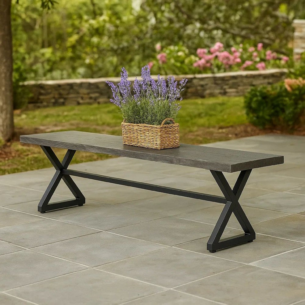 Romita Outdoor Dining Bench, Gray Metal, Black Steel, 63"
