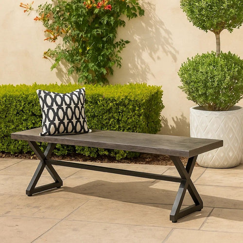 Romita Outdoor Dining Bench, X Shape Legs, Gray Metal, Black Steel, 63 Inch