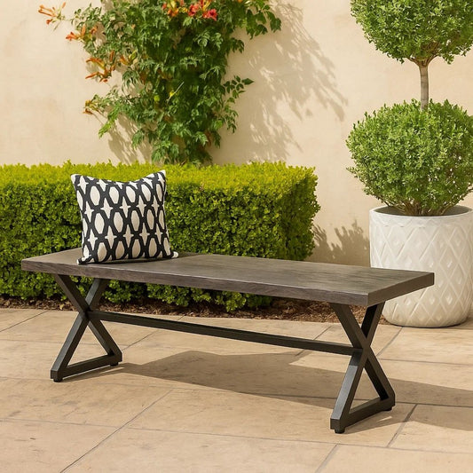 Romita Outdoor Dining Bench, X Shape Legs, Gray Metal, Black Steel, 63 Inch