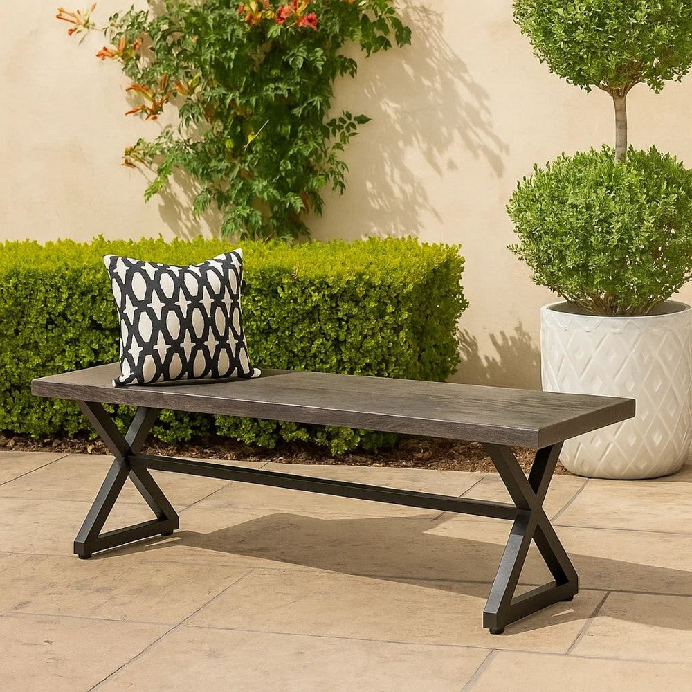 Romita Outdoor Dining Bench, X Shape Legs, Gray Metal, Black Steel, 63 Inch