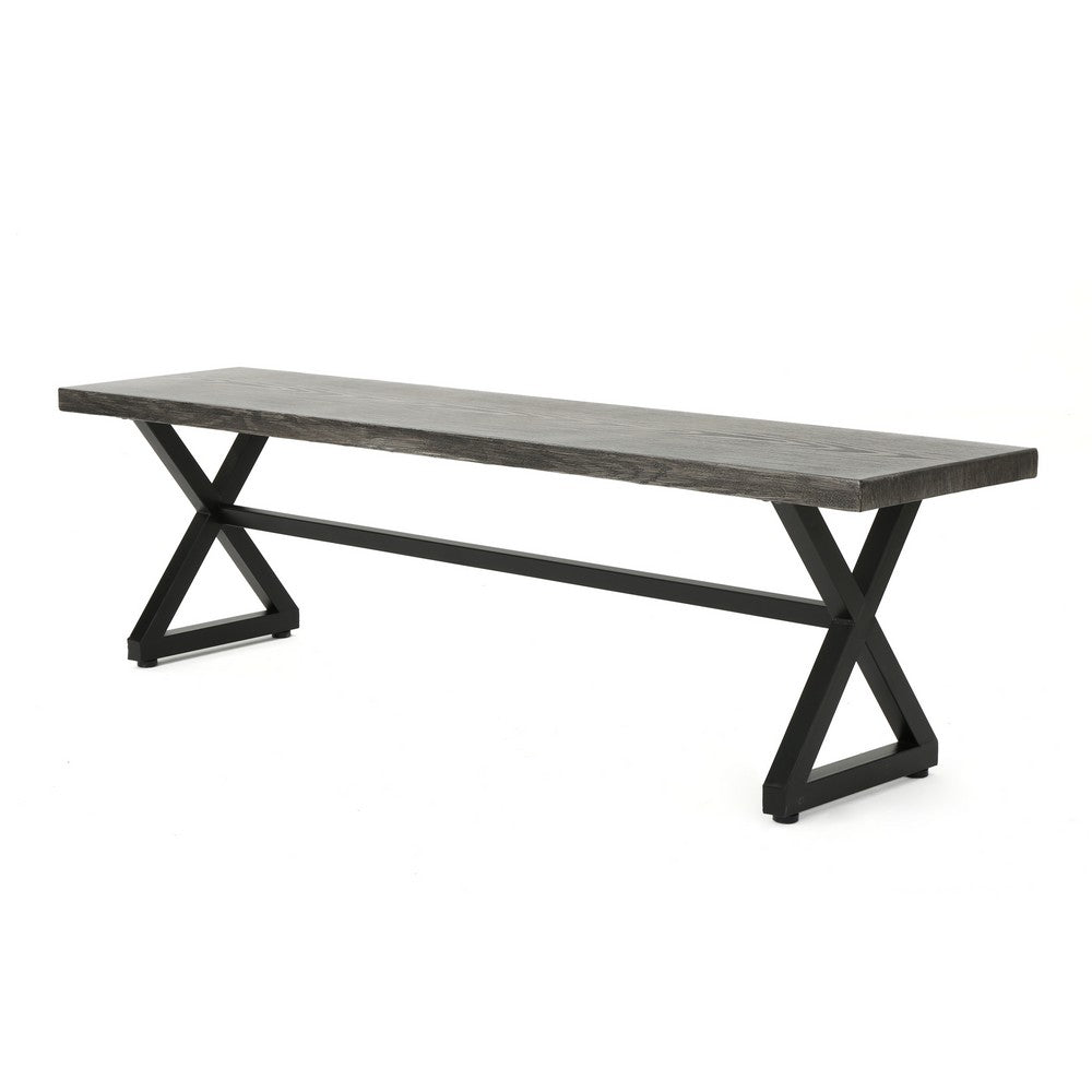 Romita Outdoor Dining Bench, Gray Metal, Black Steel, 63"