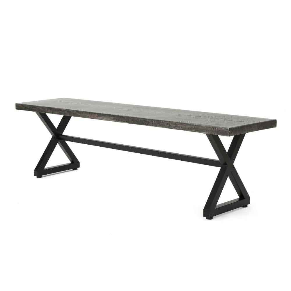 Romita Outdoor Dining Bench, X Shape Legs, Gray Metal, Black Steel, 63 Inch