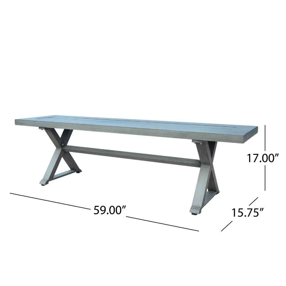 Jica Outdoor Dining Bench, X Legs, Dark Gray Metal, 59"