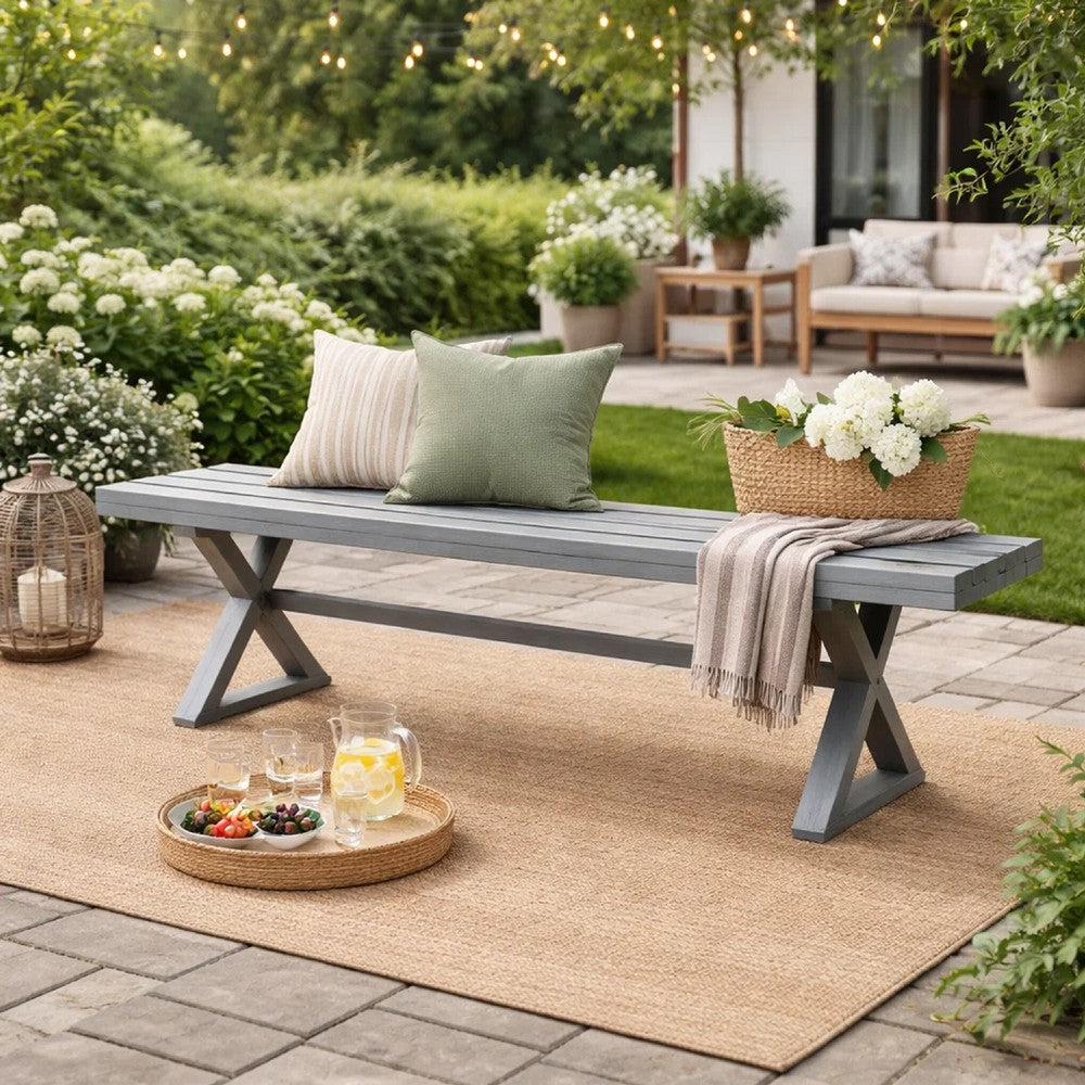 Jica Outdoor Dining Bench, X Legs, Dark Gray Metal, 59"