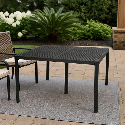 Riley Outdoor Dining Table, Square 61 Inch Matte Black Metal Lattice