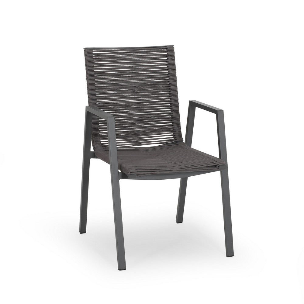Teny Outdoor Dining Chair Set of 2, Dark Gray Metal. Woven Rope Seat Back