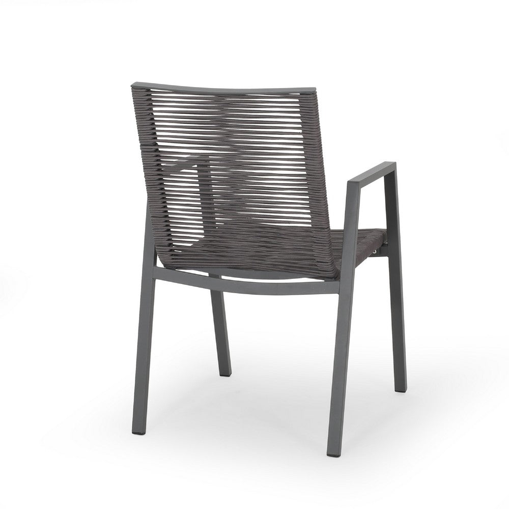Teny Outdoor Dining Chair Set of 2, Dark Gray Metal. Woven Rope Seat Back