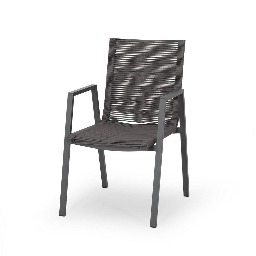 Teny Outdoor Dining Chair Set of 2, Dark Gray Metal. Woven Rope Seat Back