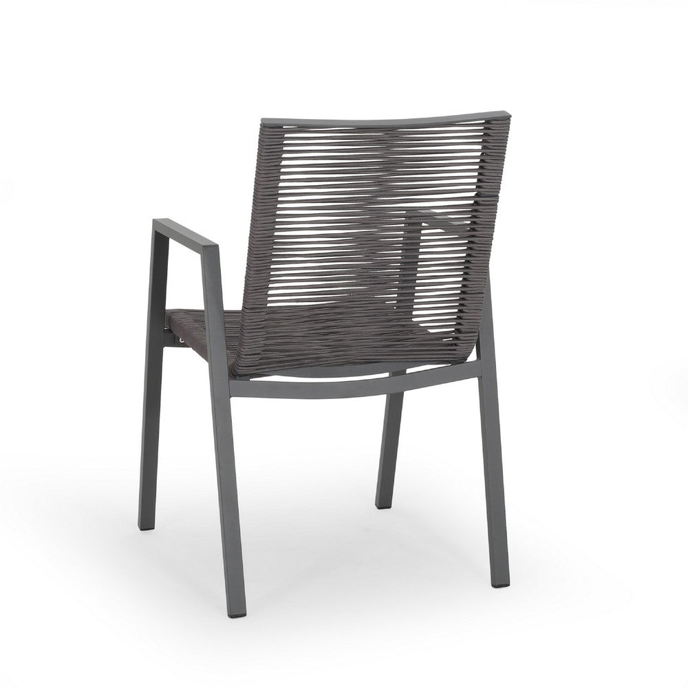 Teny Outdoor Dining Chair Set of 2, Dark Gray Metal. Woven Rope Seat Back