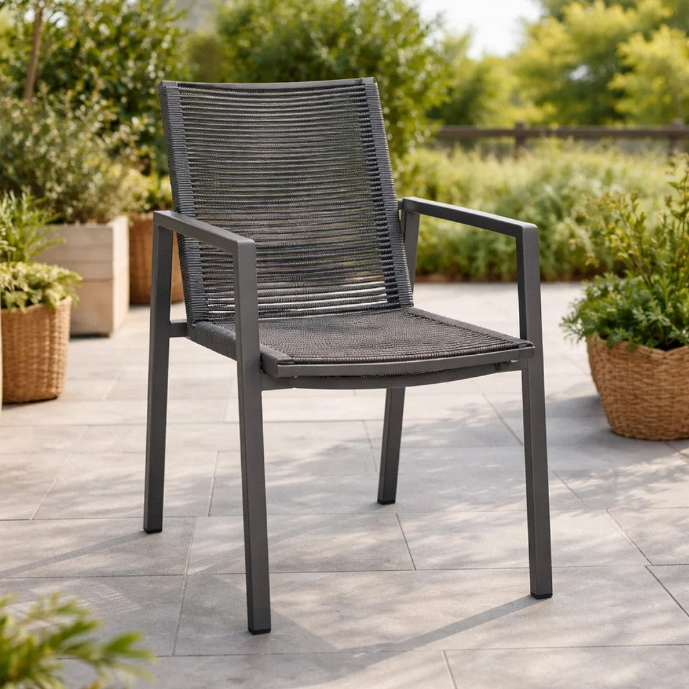 Teny Outdoor Dining Chair Set of 2, Dark Gray Metal. Woven Rope Seat Back