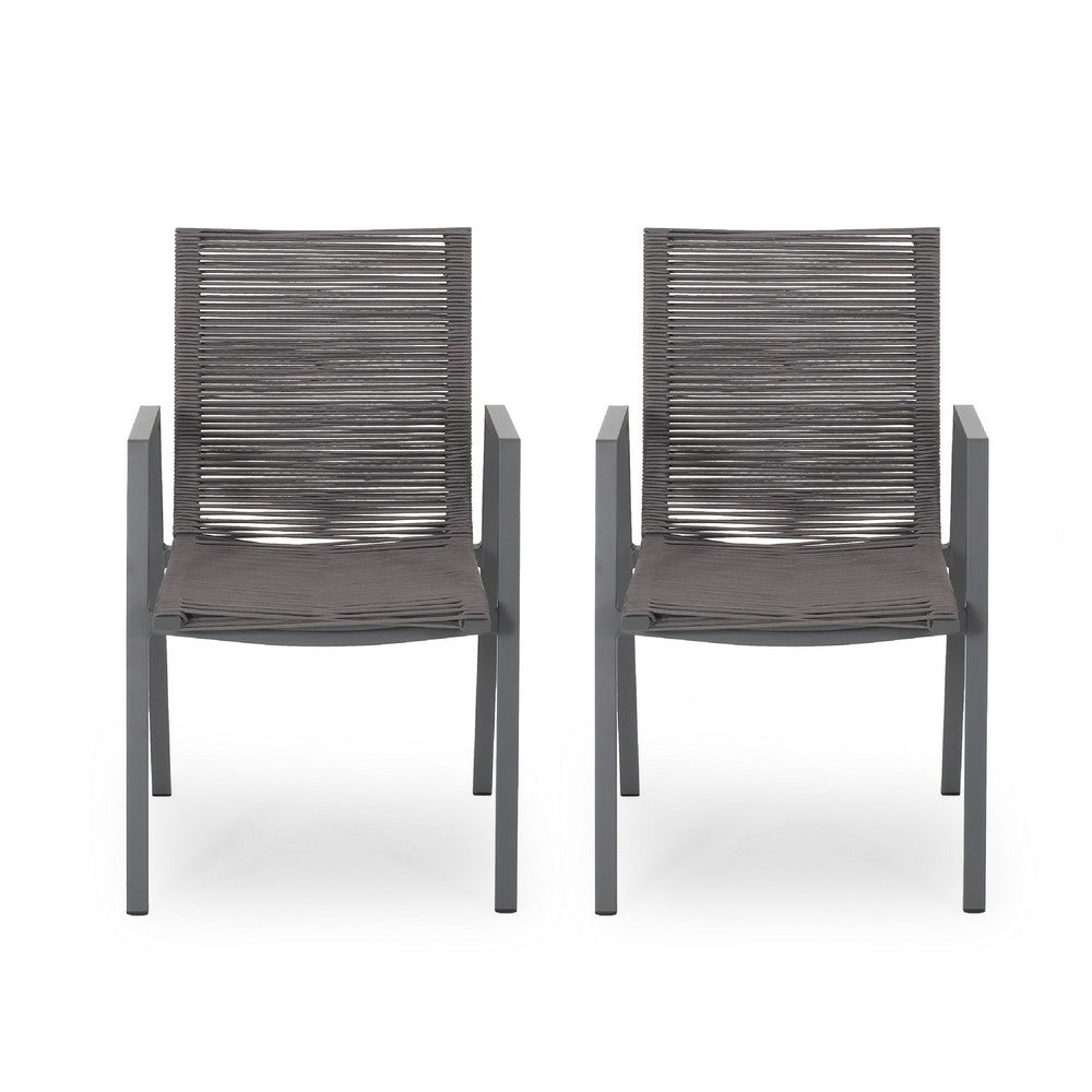 Teny Outdoor Dining Chair Set of 2, Dark Gray Metal. Woven Rope Seat Back