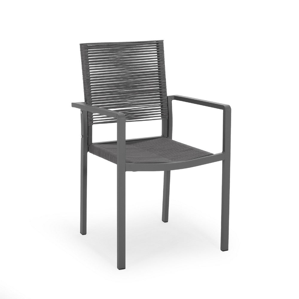 Teny Outdoor Dining Chair Set of 2, Open Back, Woven Rope, Dark Gray Metal
