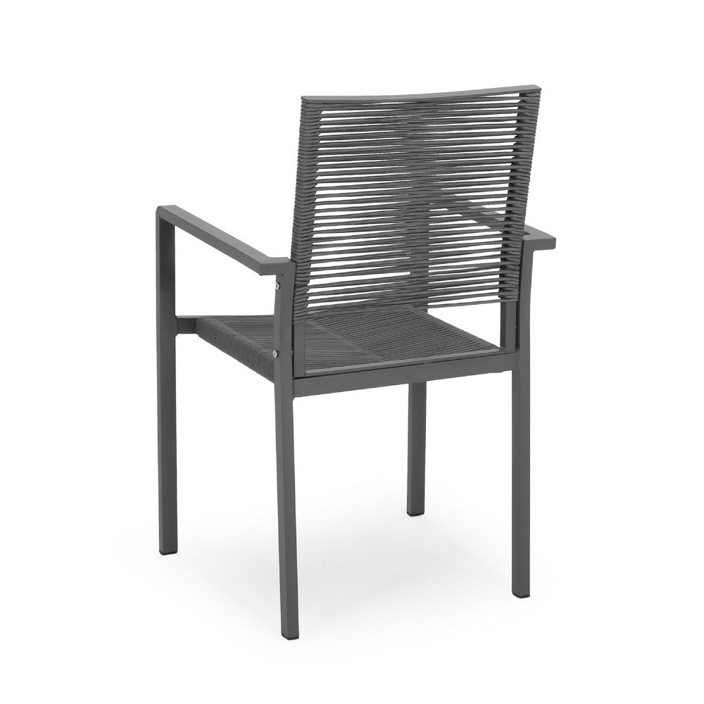 Teny Outdoor Dining Chair Set of 2, Open Back, Woven Rope, Dark Gray Metal