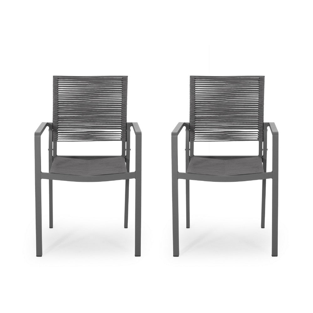 Teny Outdoor Dining Chair Set of 2, Open Back, Woven Rope, Dark Gray Metal