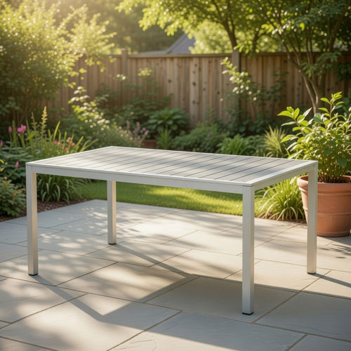 Eoin Outdoor Dining Table, Rectangular 71 Inch Gray Faux Wood, Metal Frame