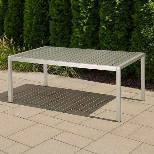 Eoin Outdoor Dining Table, Rectangular 71 Inch Gray Faux Wood, Metal Frame