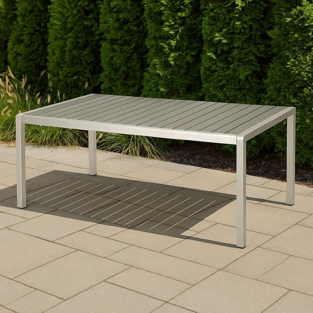 Eoin Outdoor Dining Table, Rectangular 71 Inch Gray Faux Wood, Metal Frame