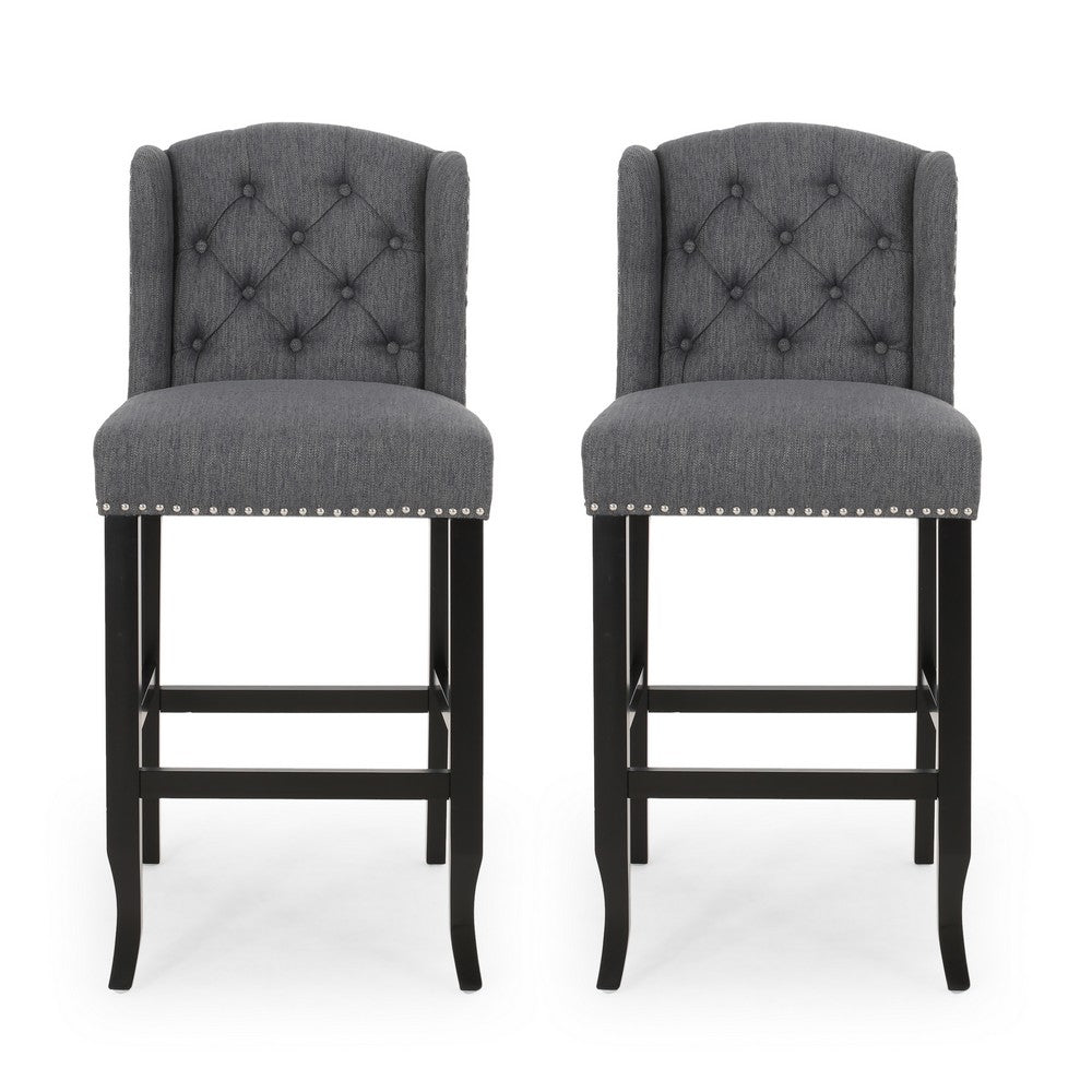 Seliva Barstool Chair Set of 2, Charcoal Gray, Black Wood
