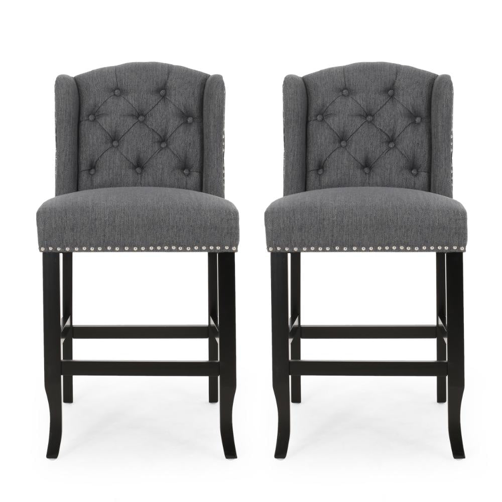 Seliva Counter Stool Chair Set of 2, Charcoal Gray, Tufted Back, Brown Wood