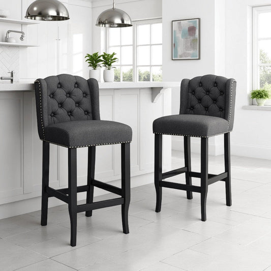 Seliva Counter Stool Chair Set of 2, Charcoal Gray, Tufted Back, Brown Wood