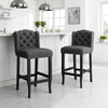Seliva Counter Stool Chair Set of 2, Charcoal Gray, Tufted Back, Brown Wood