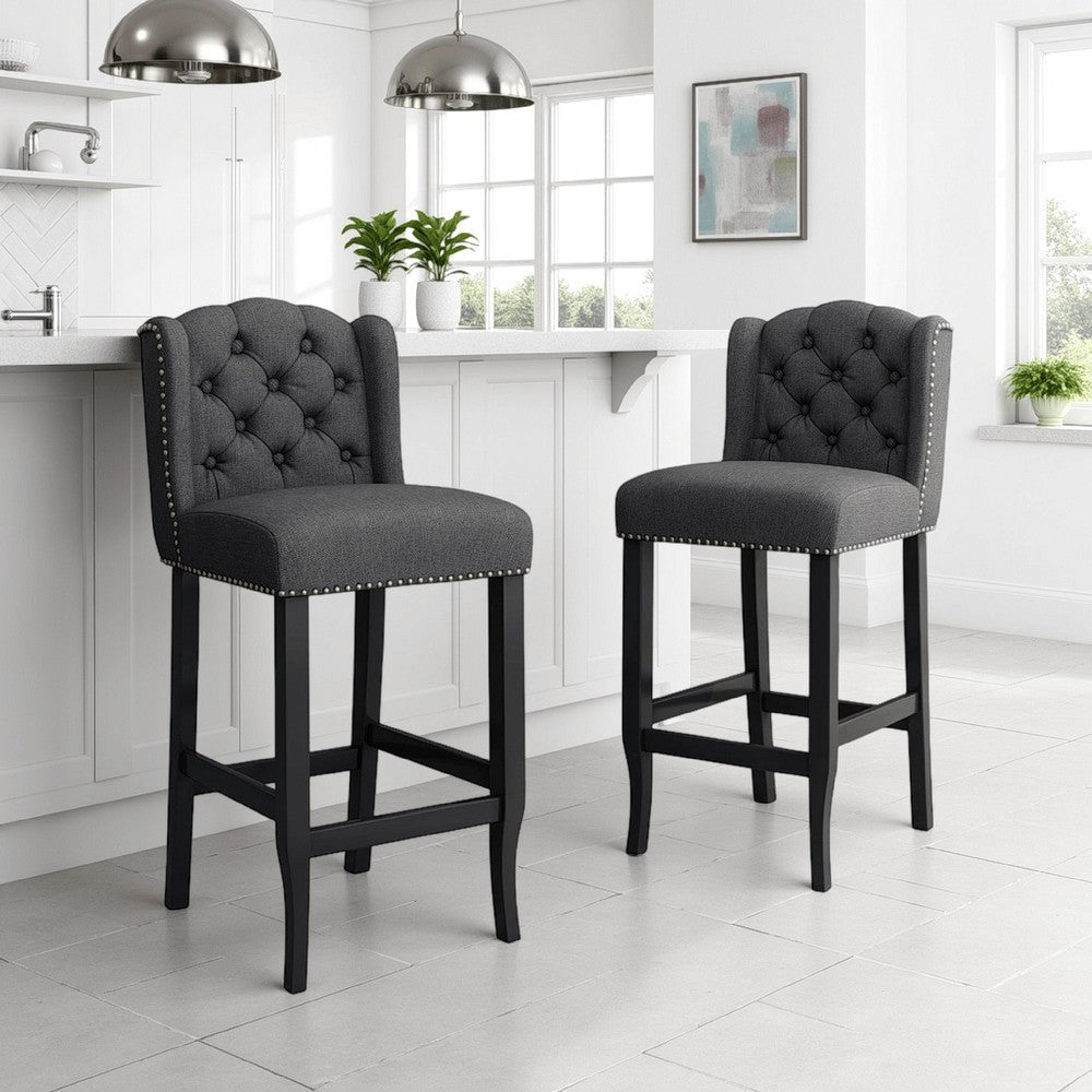 Seliva Counter Stool Chair Set of 2, Charcoal Gray, Tufted Back, Brown Wood