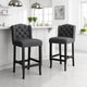 Seliva Counter Stool Chair Set of 2, Charcoal Gray, Tufted Back, Brown Wood