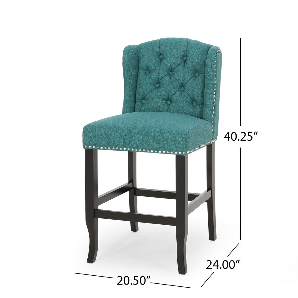 Seliva Counter Stool Chair Set of 2, Teal Fabric, Brown Wood