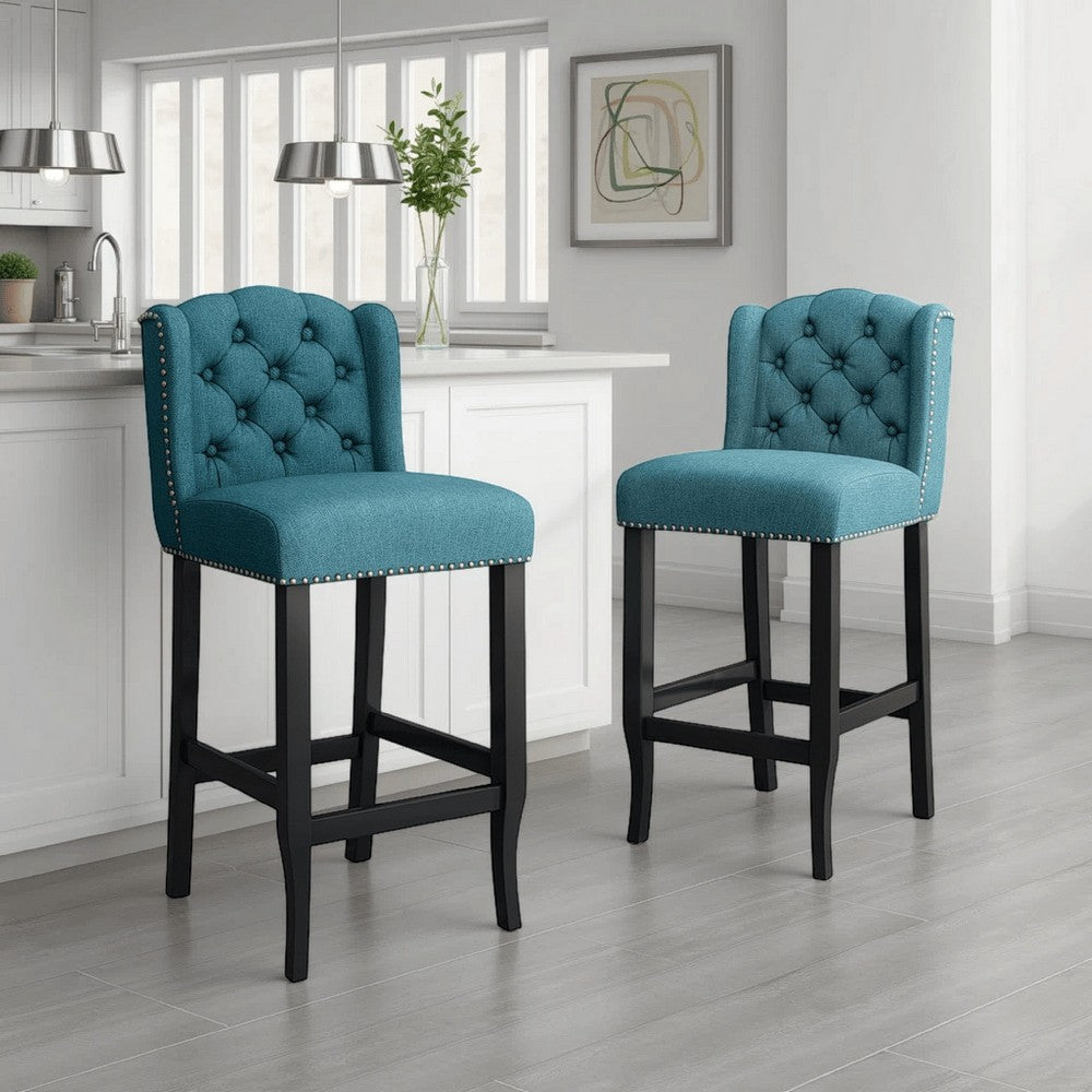 Seliva Counter Stool Chair Set of 2, Teal Fabric, Brown Wood