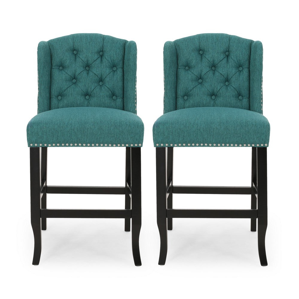 Seliva Counter Stool Chair Set of 2, Teal Fabric, Brown Wood