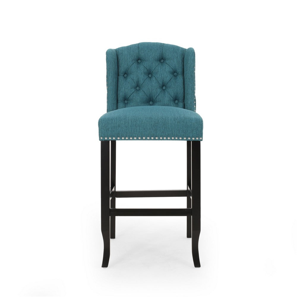 Seliva Barstool Chair Set of 2, Teal Fabric, Brown Wood