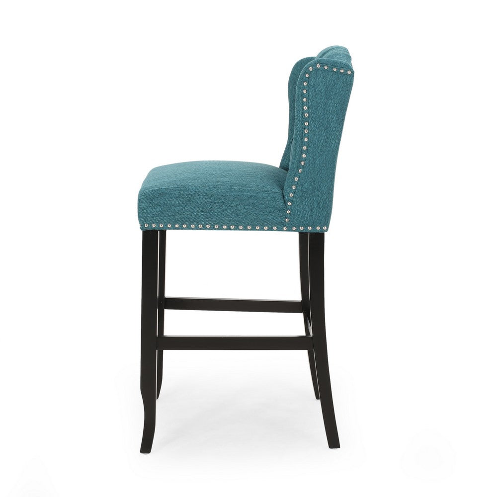 Seliva Barstool Chair Set of 2, Teal Fabric, Brown Wood