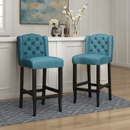 Seliva Barstool Chair Set of 2, Teal Fabric, Brown Wood