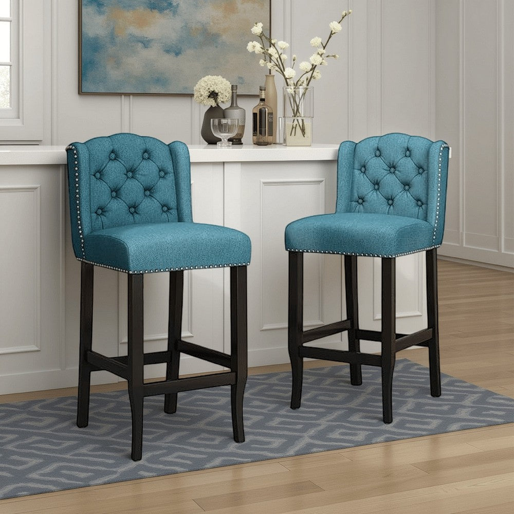 Seliva Barstool Chair Set of 2, Teal Fabric, Tufted Back, Brown Rubberwood