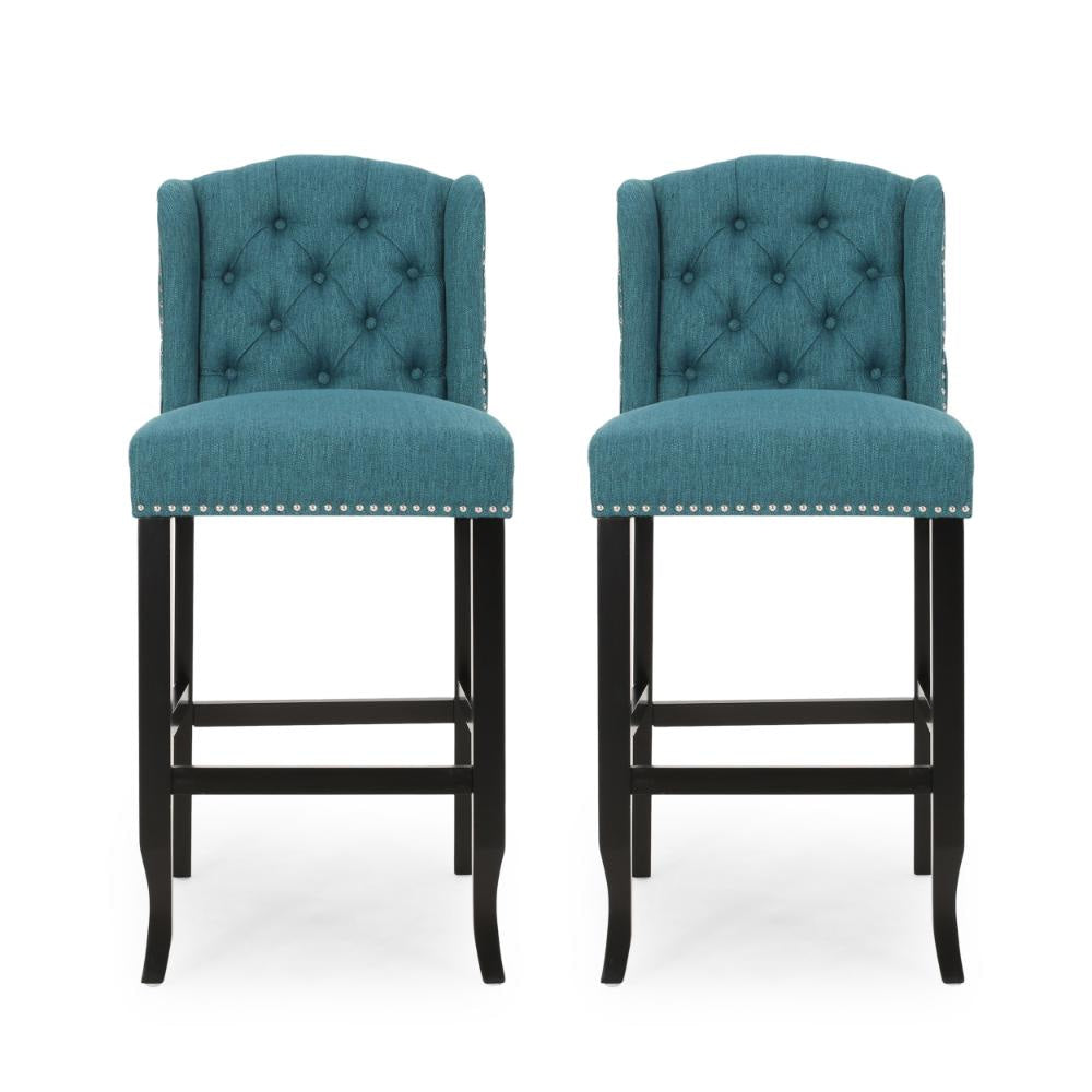 Seliva Barstool Chair Set of 2, Teal Fabric, Tufted Back, Brown Rubberwood
