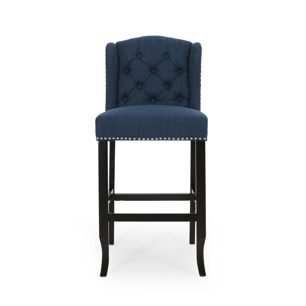 Seliva Barstool Chair Set of 2 Navy Blue Fabric Tufted Back Brown Wood
